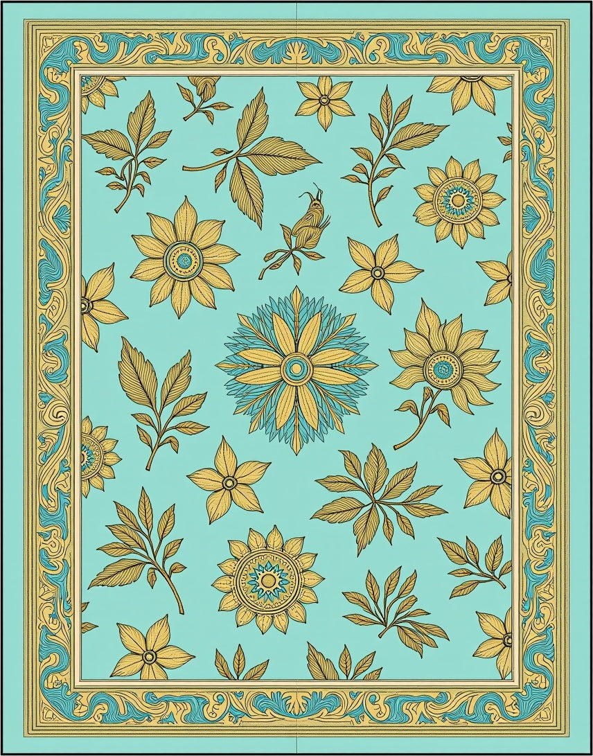 Light Blue Golden Floral Bird Border Rug