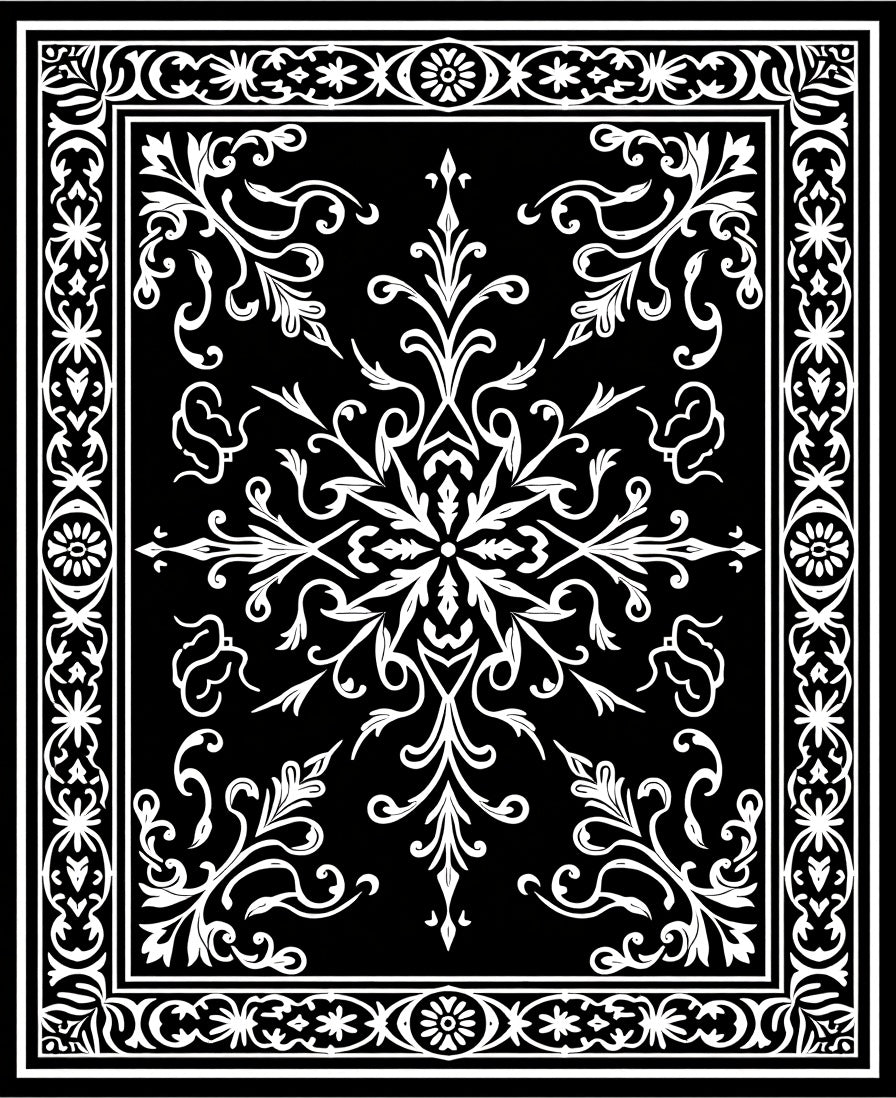 Ornate Black White Floral Medallion Rug