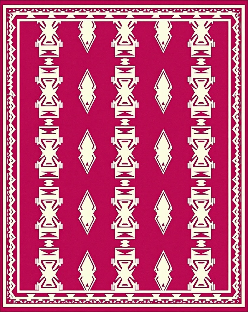 Raspberry Cream Tribal Diamond Border Rug