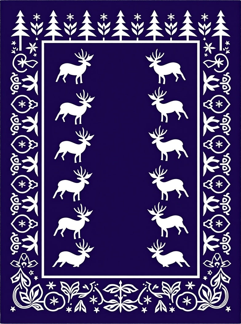 Deep Blue White Reindeer Forest Border Rug