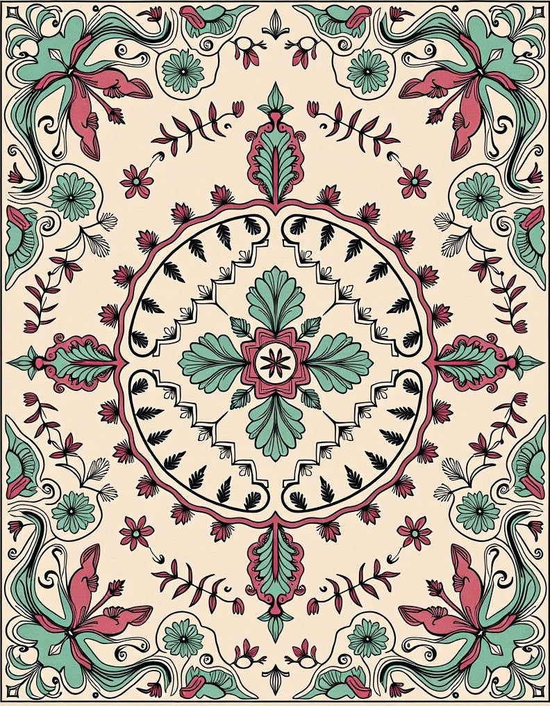 Crimson Teal Floral Medallion Border Rug