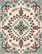 Crimson Teal Floral Medallion Border Rug