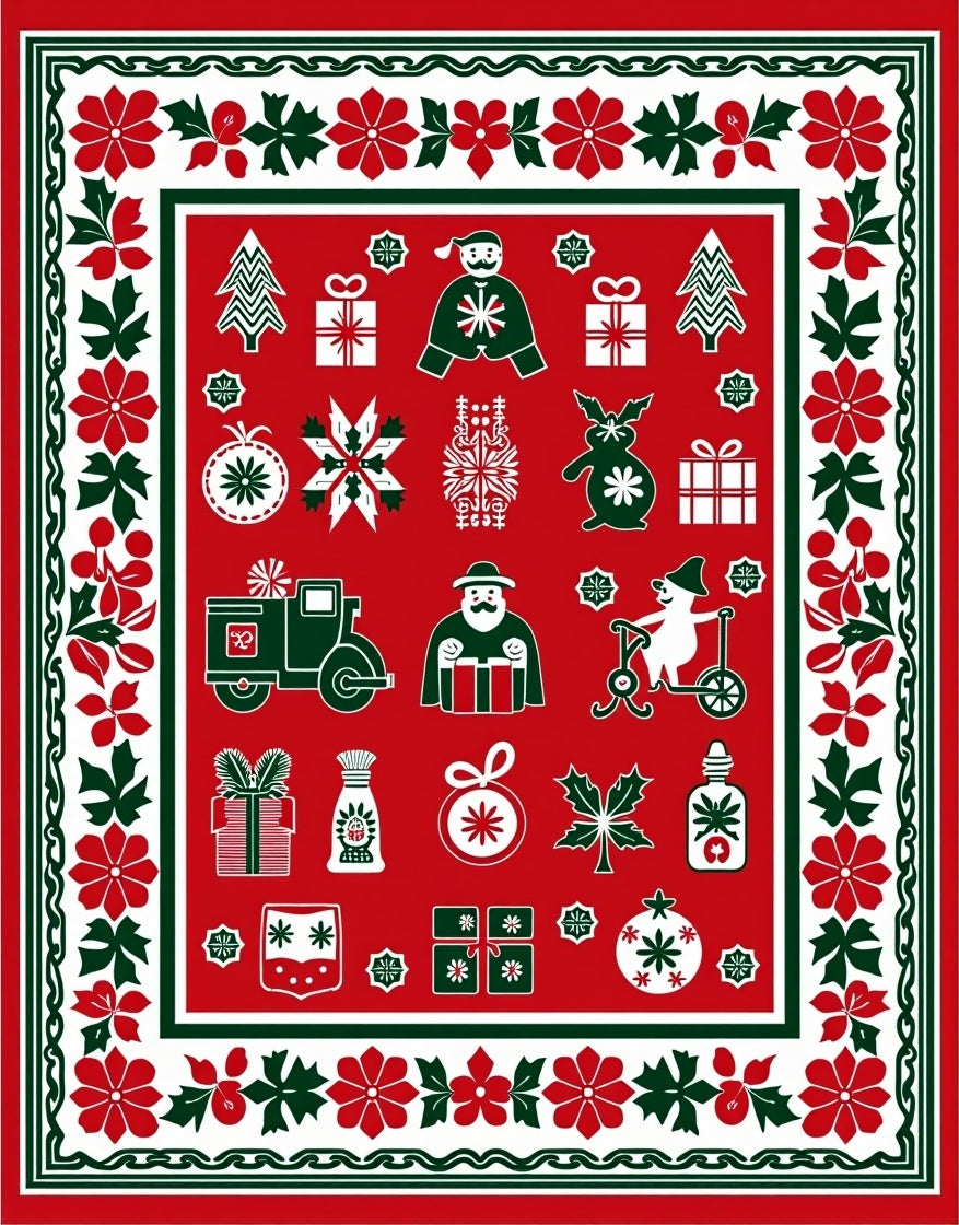 Holiday Icons Red Green White Field Rug