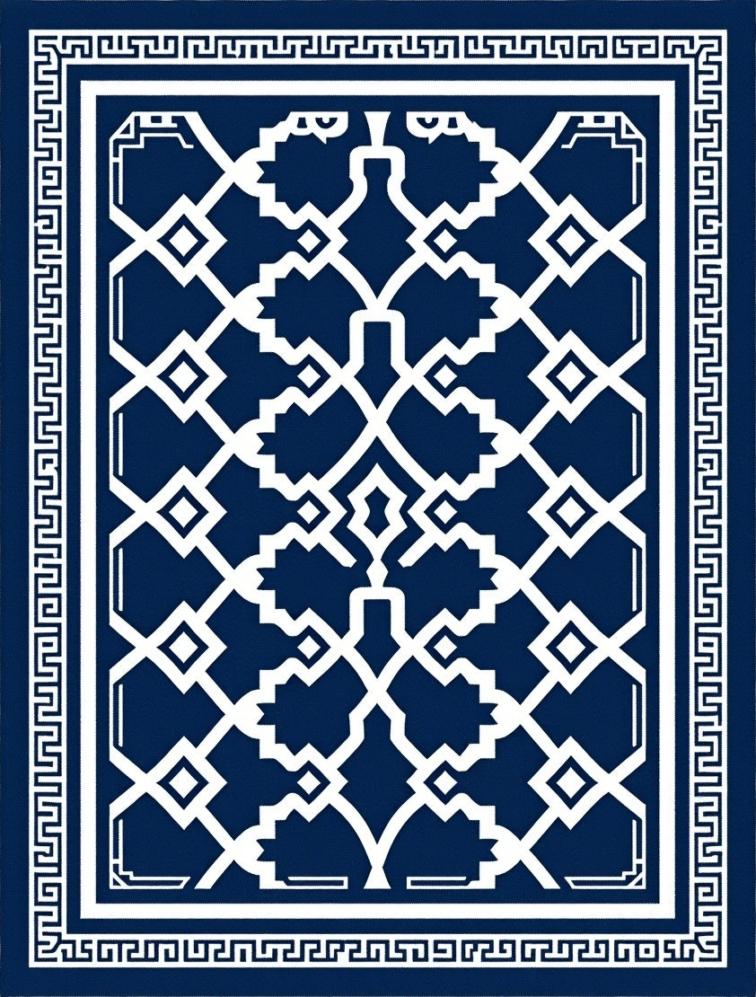 Classic Navy White Geometric Lattice Rug