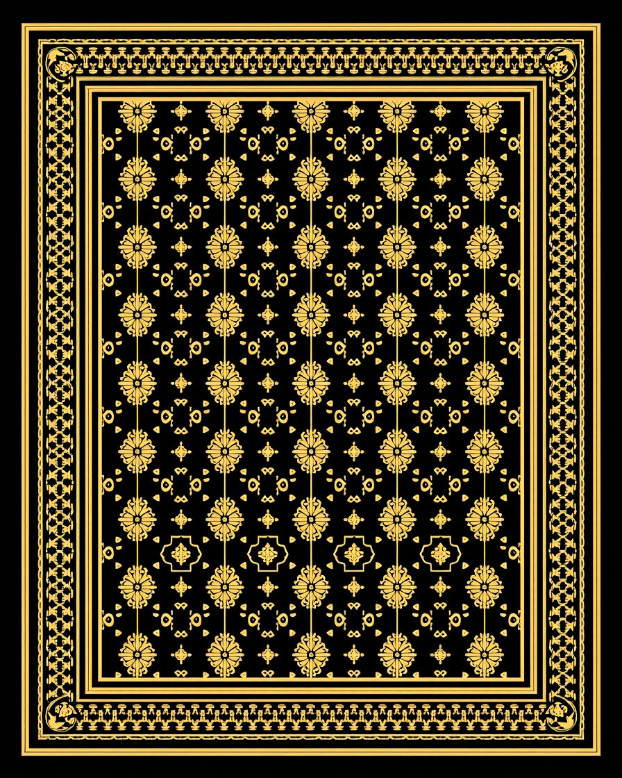 Ornate Gold Floral Black Border Rug