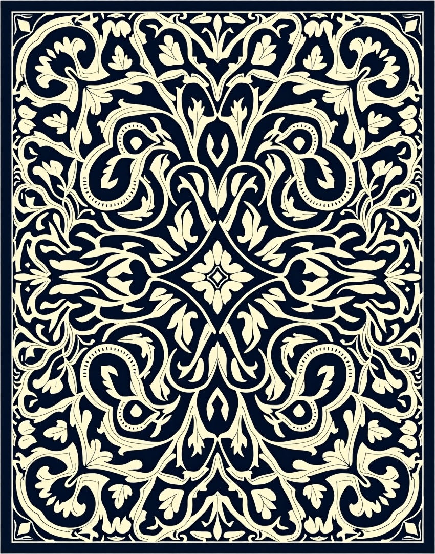 Navy Cream Ornate Floral Medallion Layout Rug