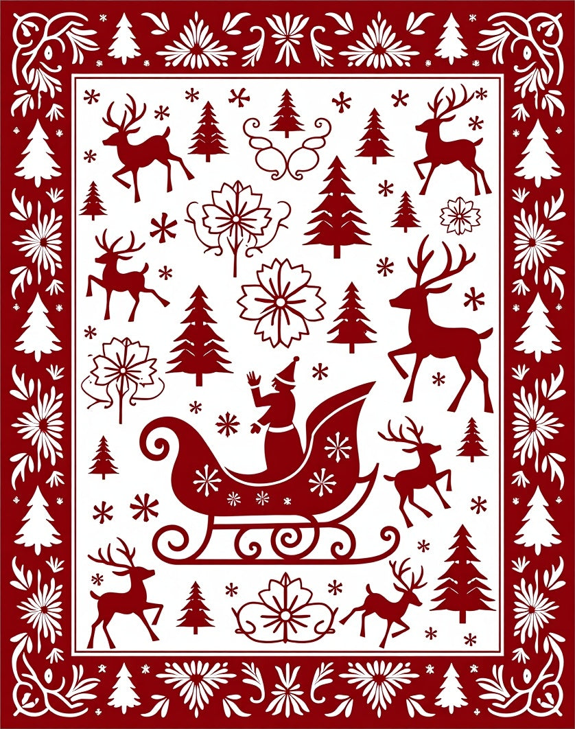 Festive Red Santa Sleigh Deer Garland Rug