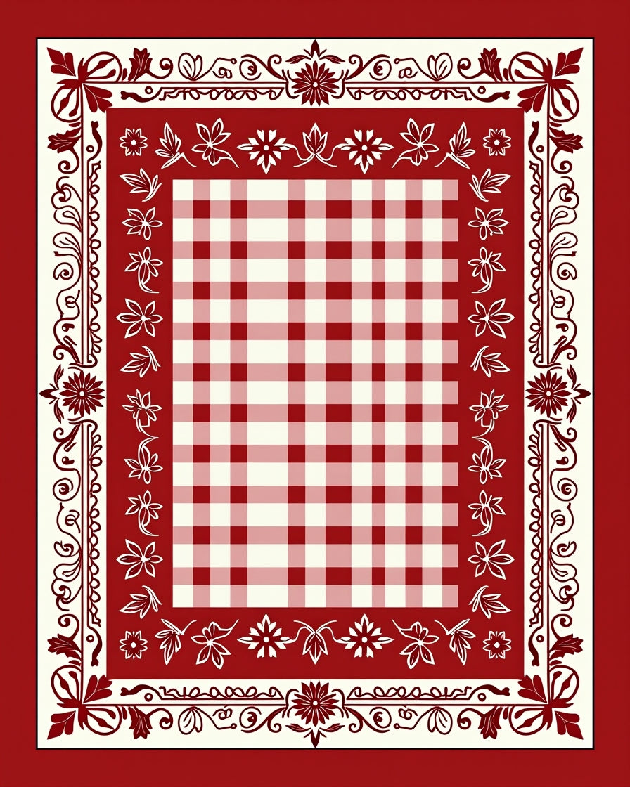 Red White Classic Gingham Floral Border Rug