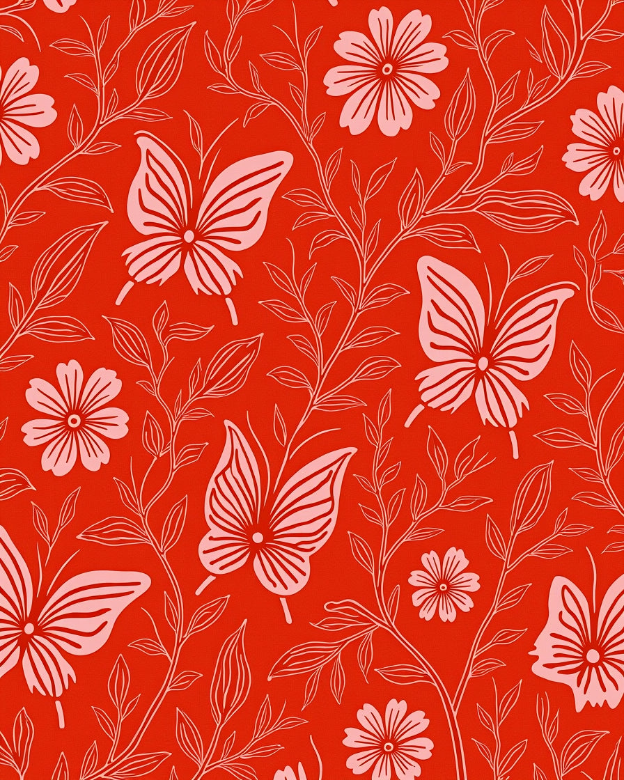 Red Butterfly Floral Vines Rug