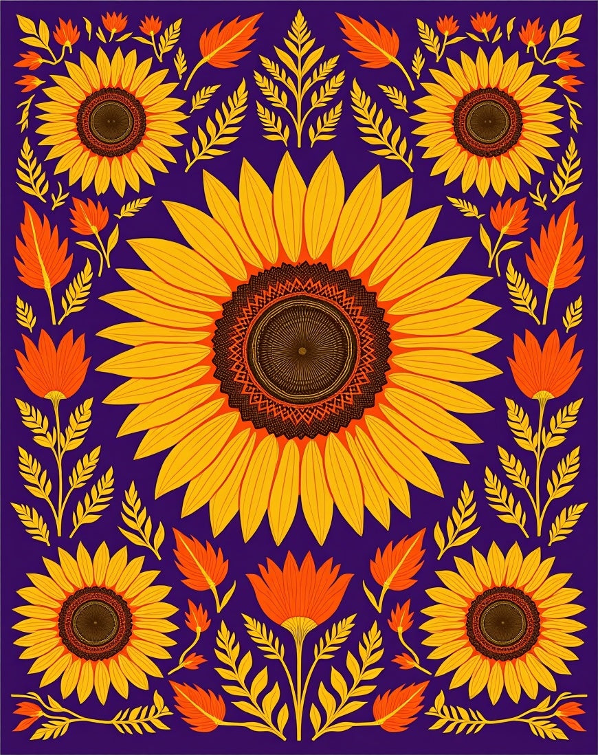 Vibrant Sunflower Folk Art Floral Rug