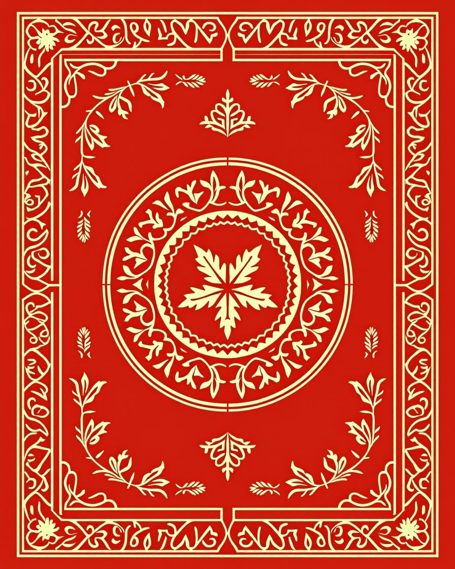 Ornate Scarlet Leaf Medallion Frame Rug