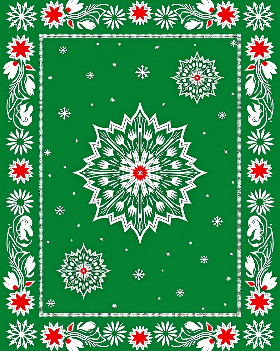 Green White Red Festive Snowflake Medallion Rug