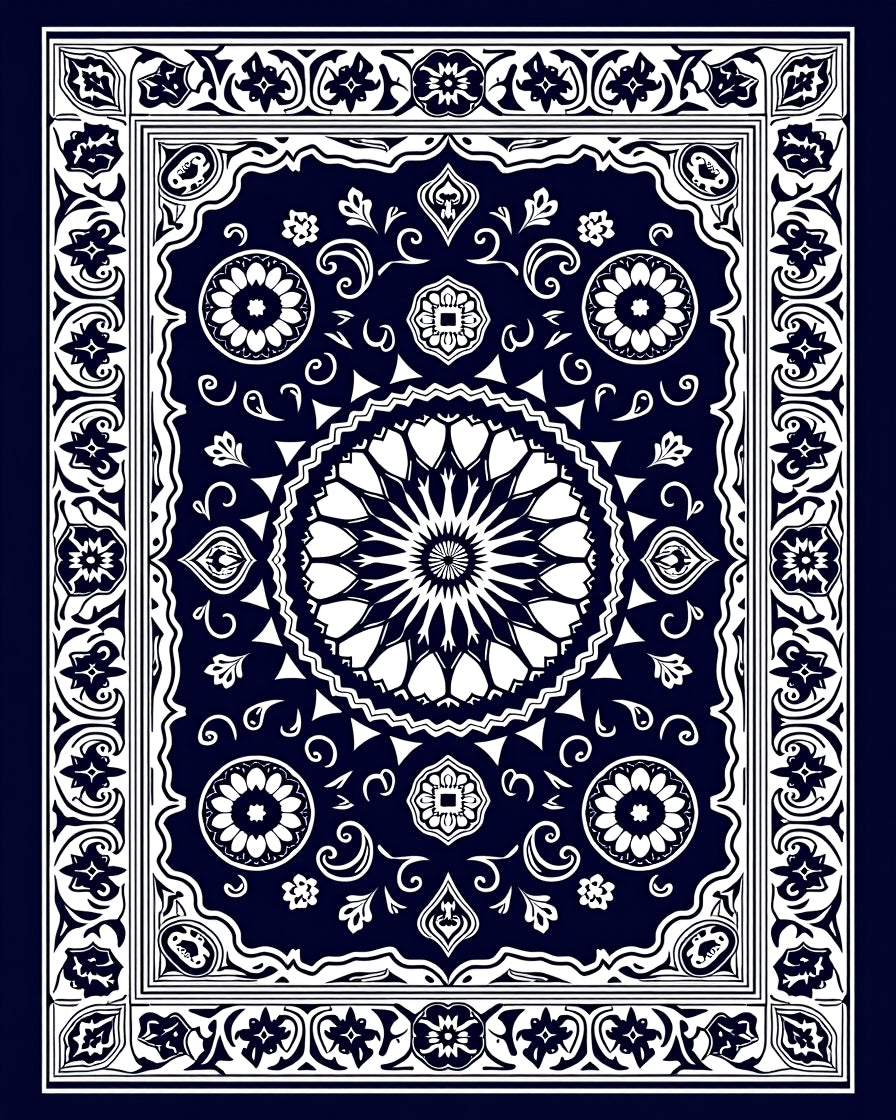 Traditional Navy and White Medallion Rug