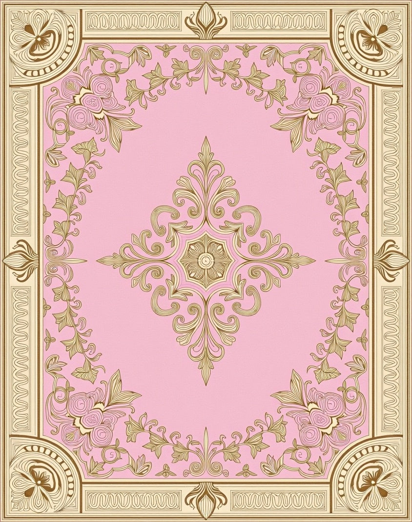 Gold Floral Vine Detailed Pink Rug