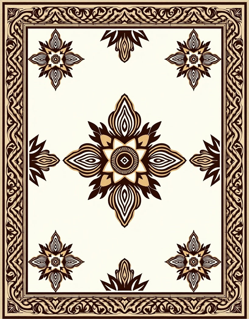 Cream Brown Floral Medallion Border Rug