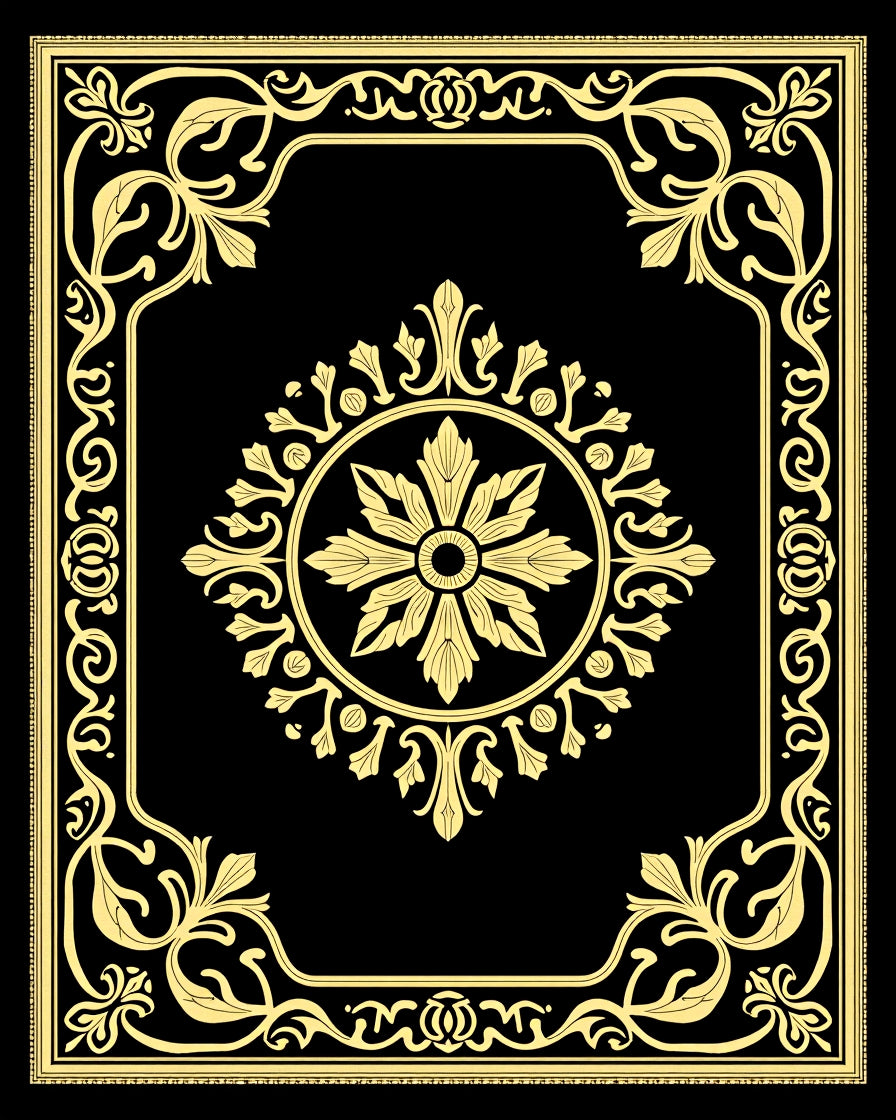 Golden Black Floral Border Medallion Rug
