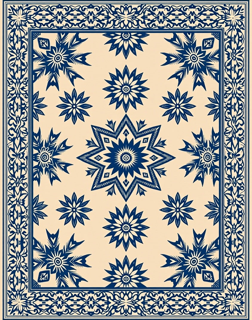 Navy Blue Floral Medallion Border Runner Rug