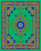 Vibrant Green Gold Blue Medallion Rug