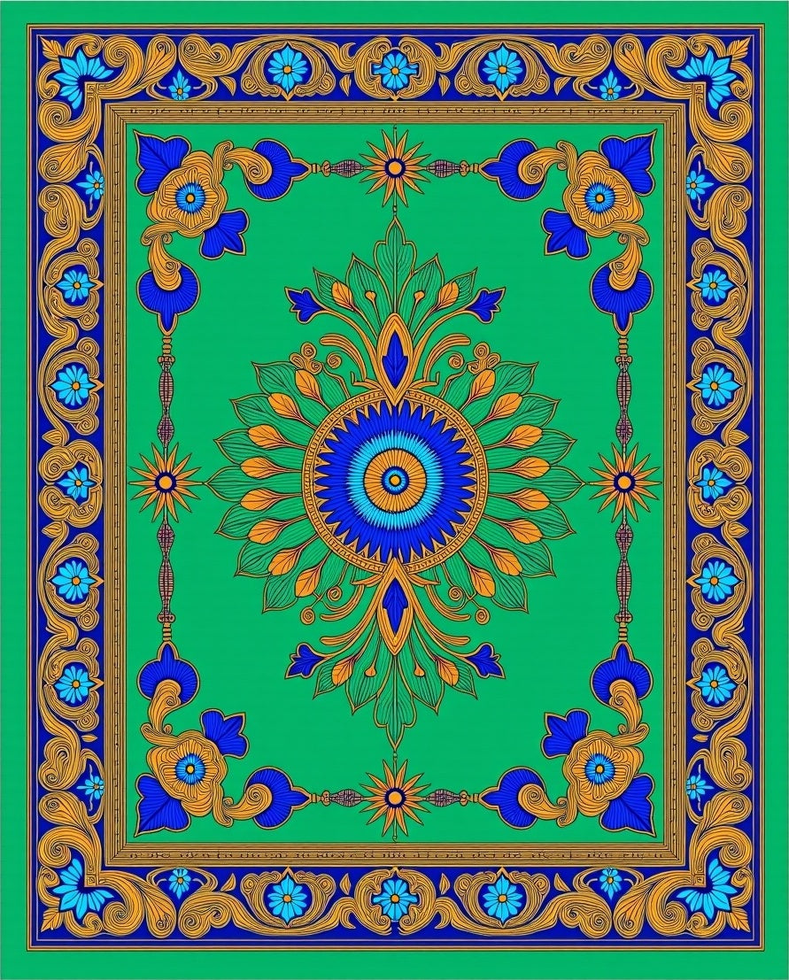 Vibrant Green Gold Blue Medallion Rug
