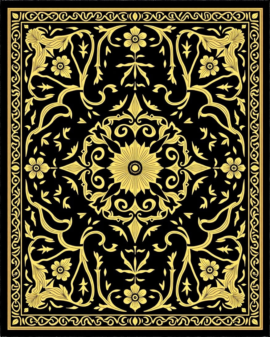 Black and Gold Floral Medallion Rug