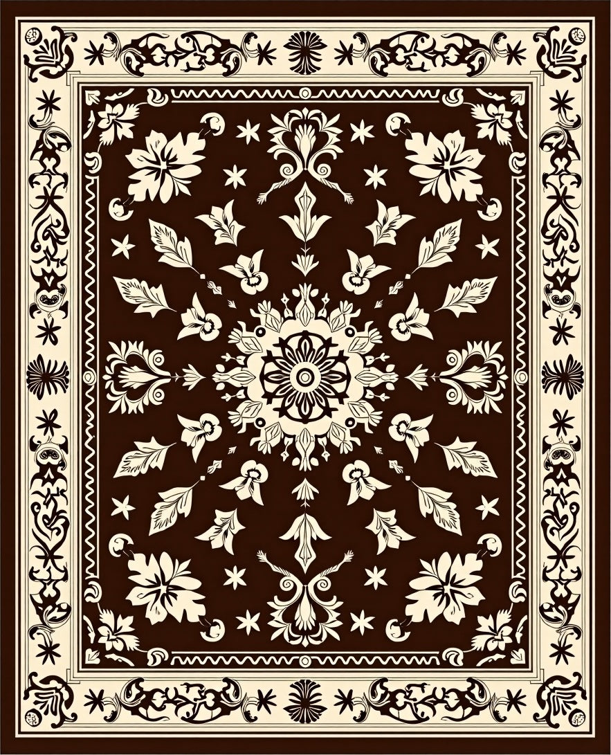 Rich Brown Cream Floral Medallion Border Rug