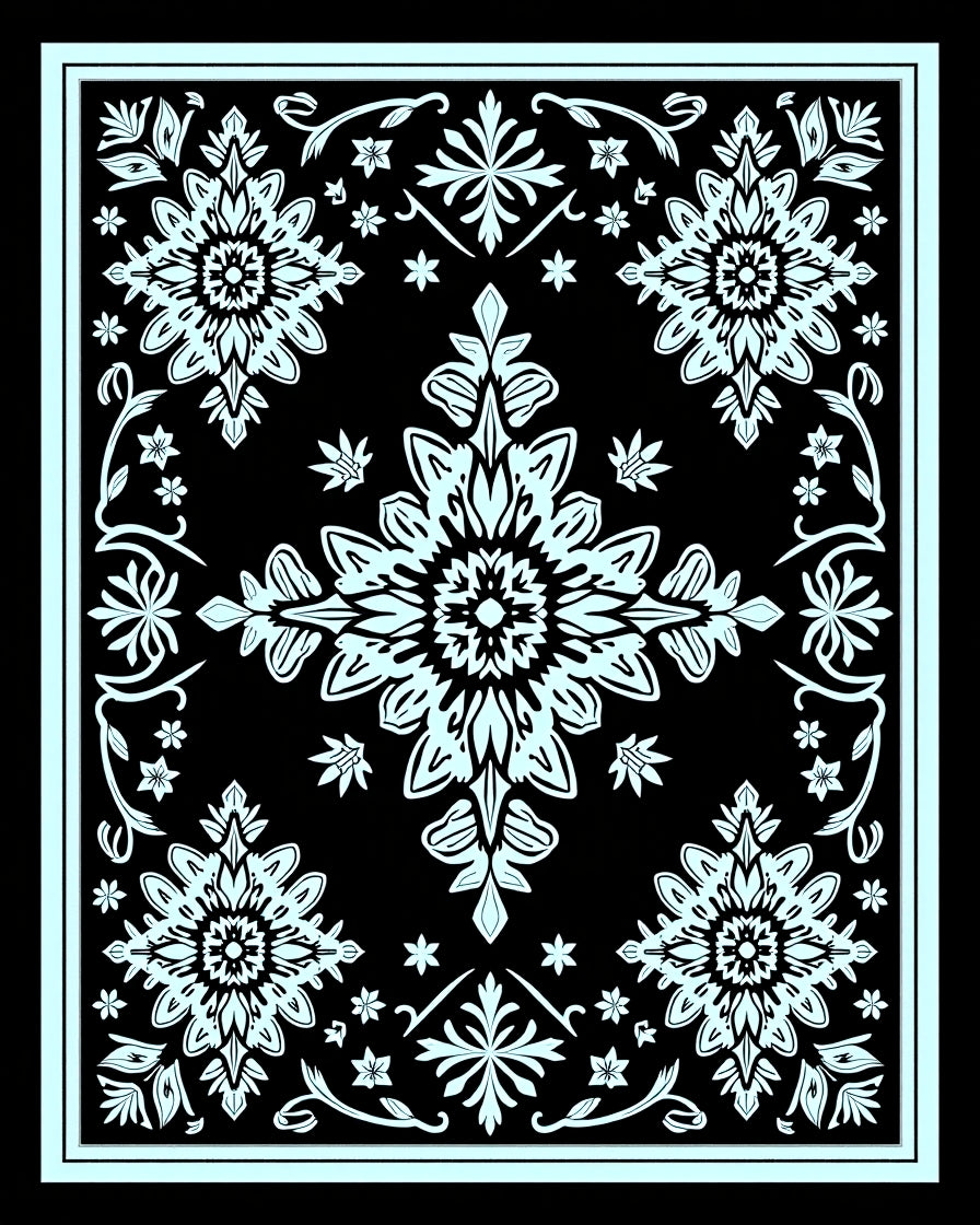 Black Aqua Floral Medallion Garden Rug