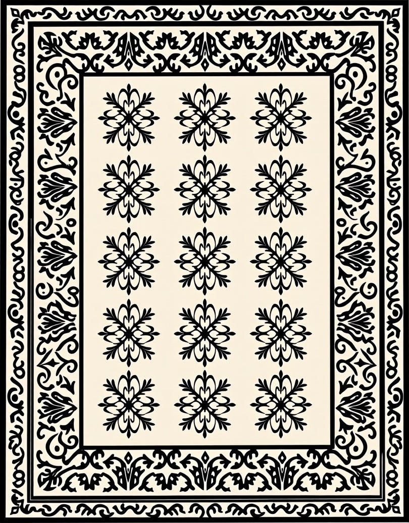 Black Creme Floral Medallion Border Rug