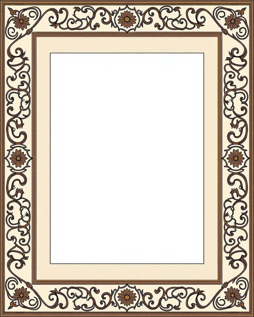 Cream Brown Floral Vintage Scroll Border Rug