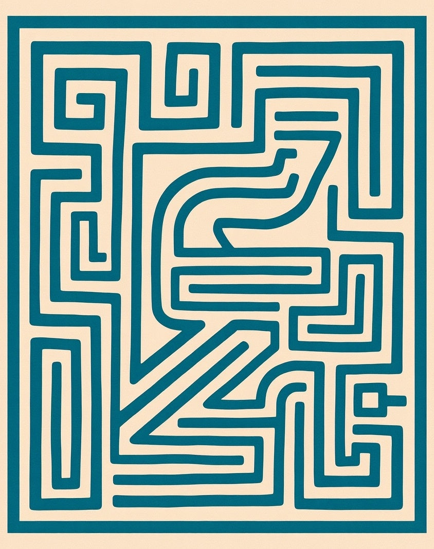 Teal Labyrinth Cream Geometric Outline Rug