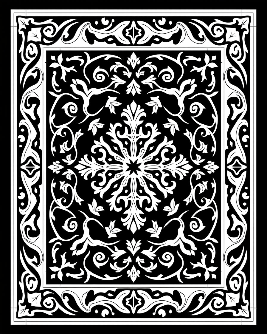 Black White Ornate Scrollwork Medallion Rug