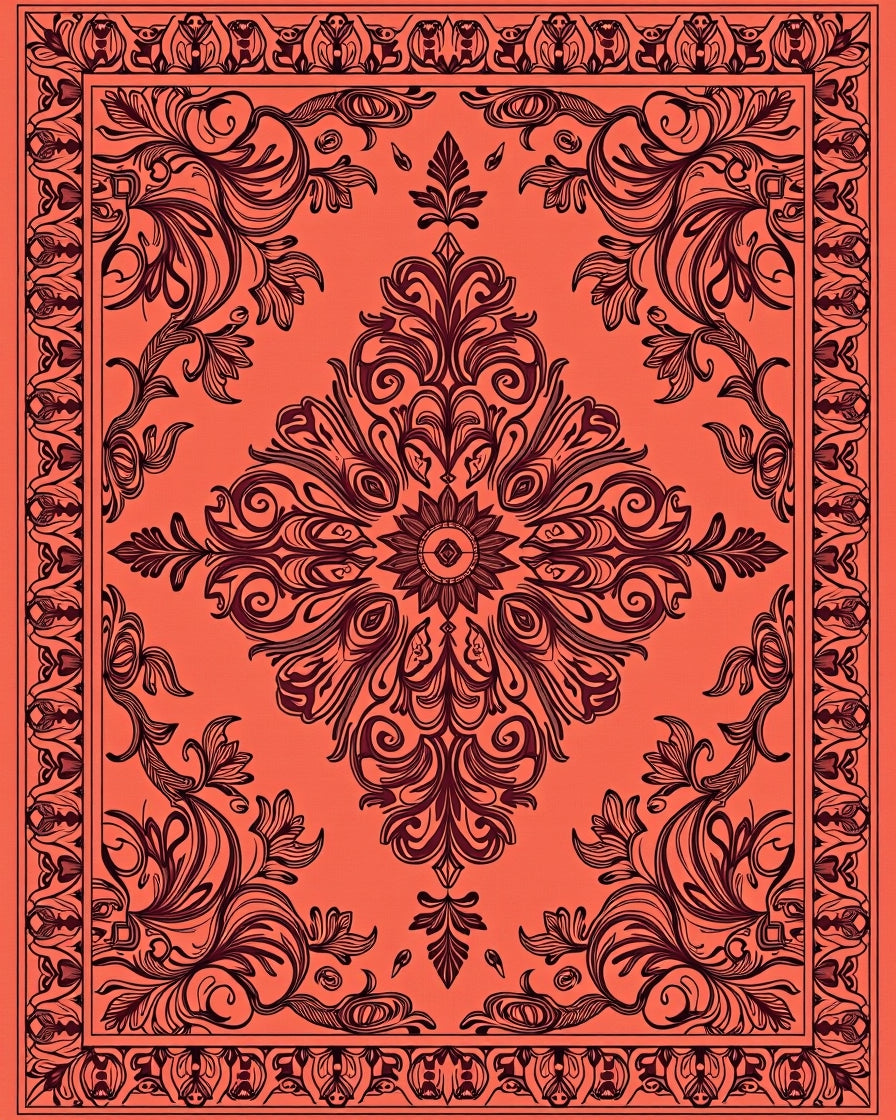 Coral Red Filigree Floral Medallion Rug