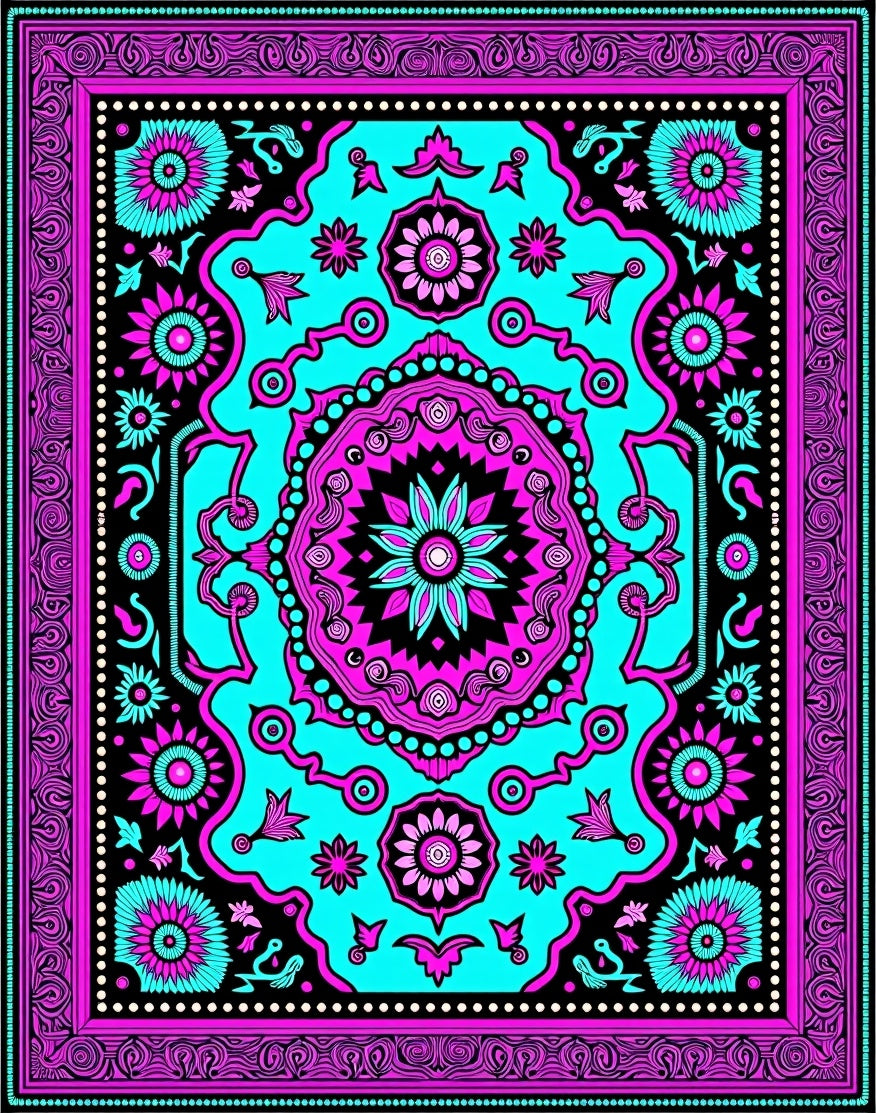 Vibrant Pink Turquoise Floral Medallion Frame Rug