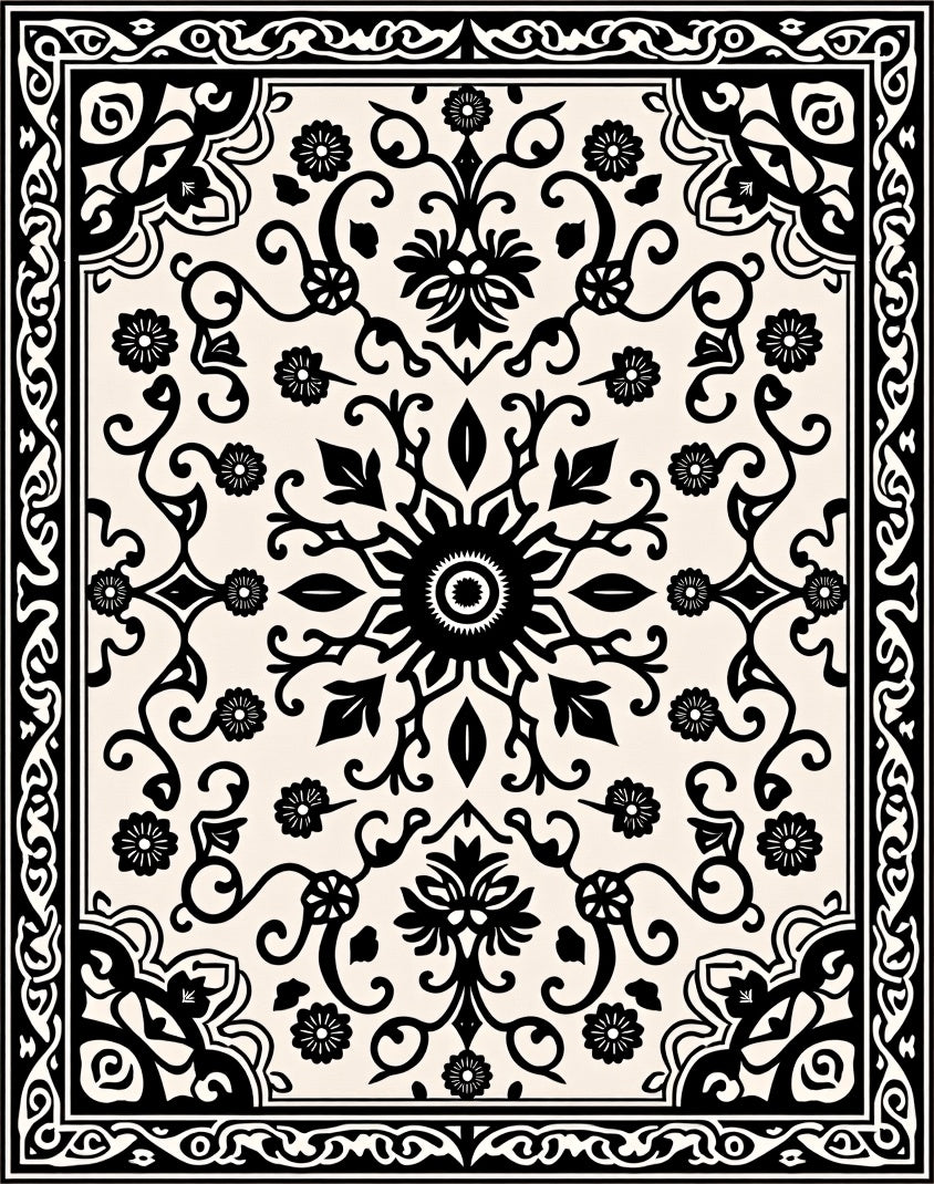 Black Cream Floral Medallion Border Rug