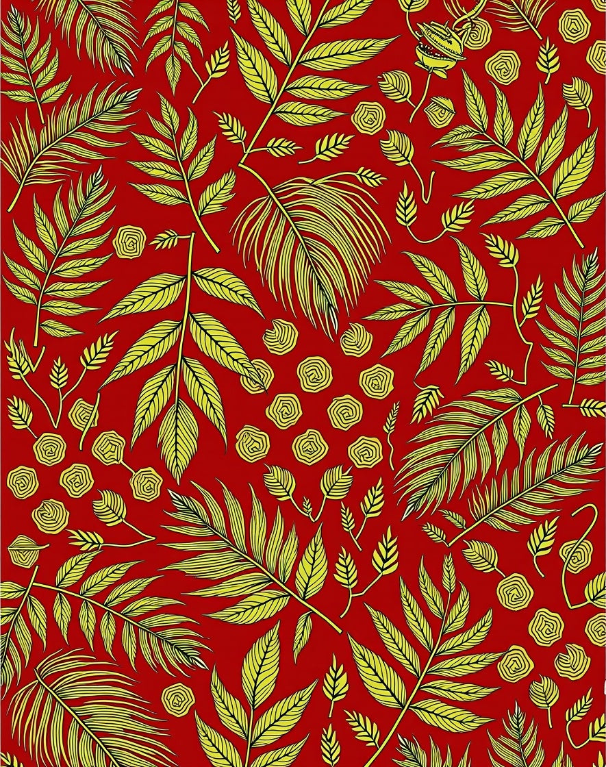 Vibrant Red Yellow Leafy Bloom Rug