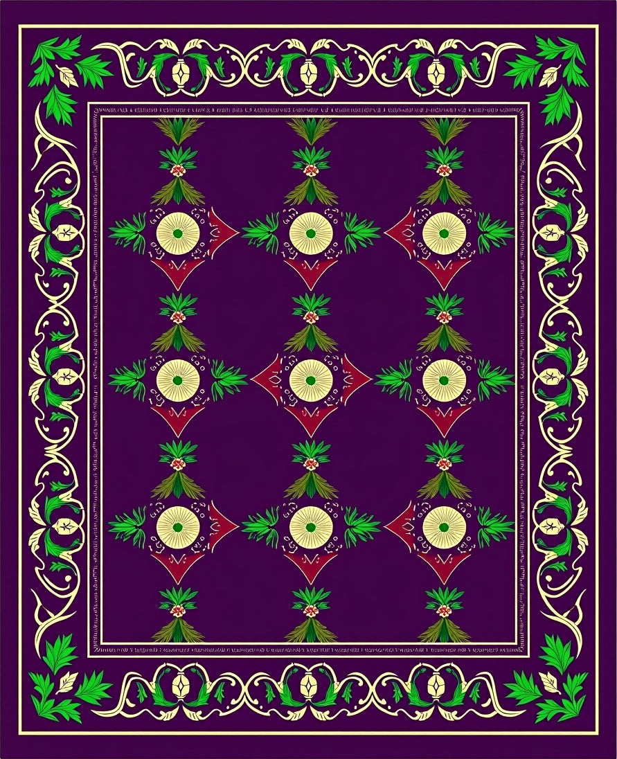 Rich Plum Medallions Green Floral Border Rug