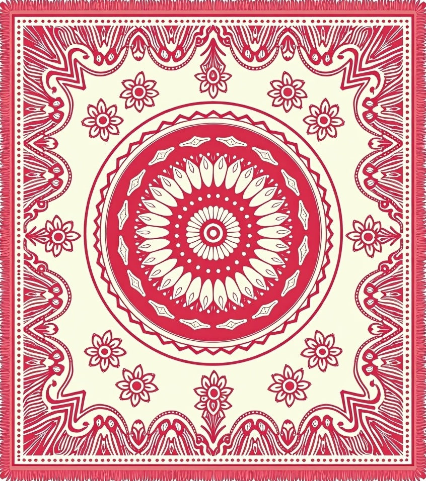 Crimson Blossom Mandala Border Tapestry Rug