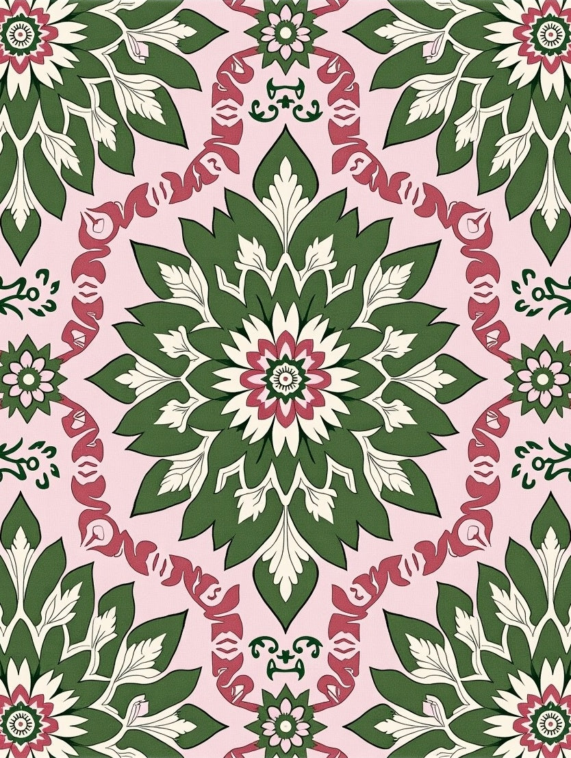 Pink Green Floral Medallion Repeating Rug