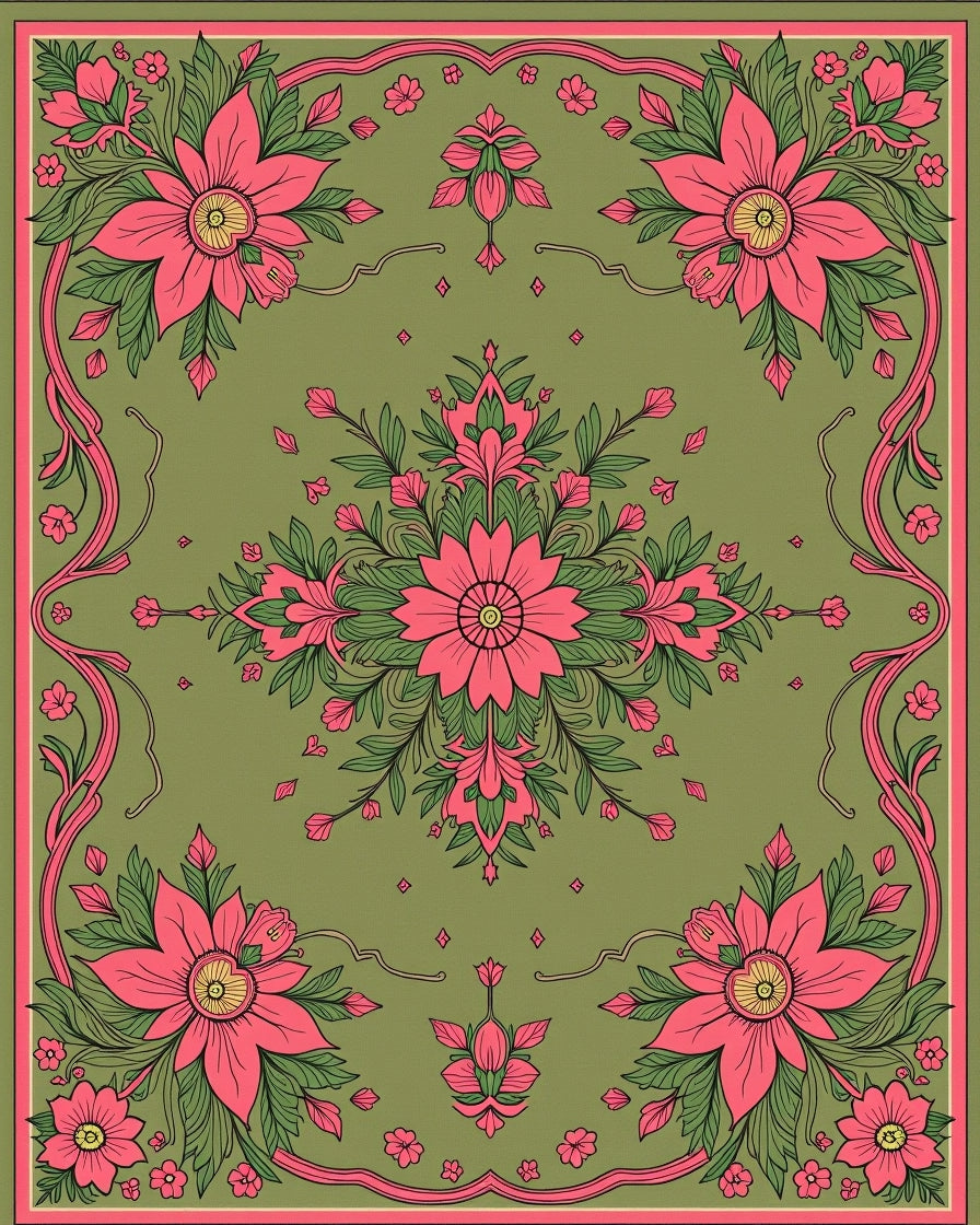 Vibrant Floral Pink Green Garden Rug
