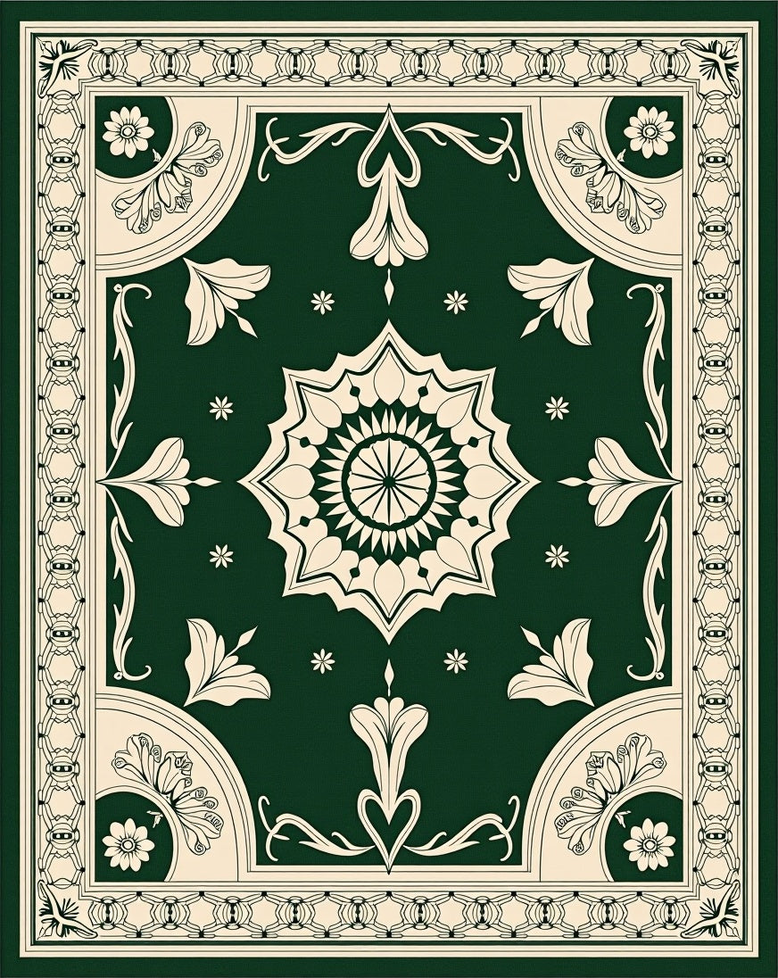 Emerald Cream Medallion Floral Border Rug