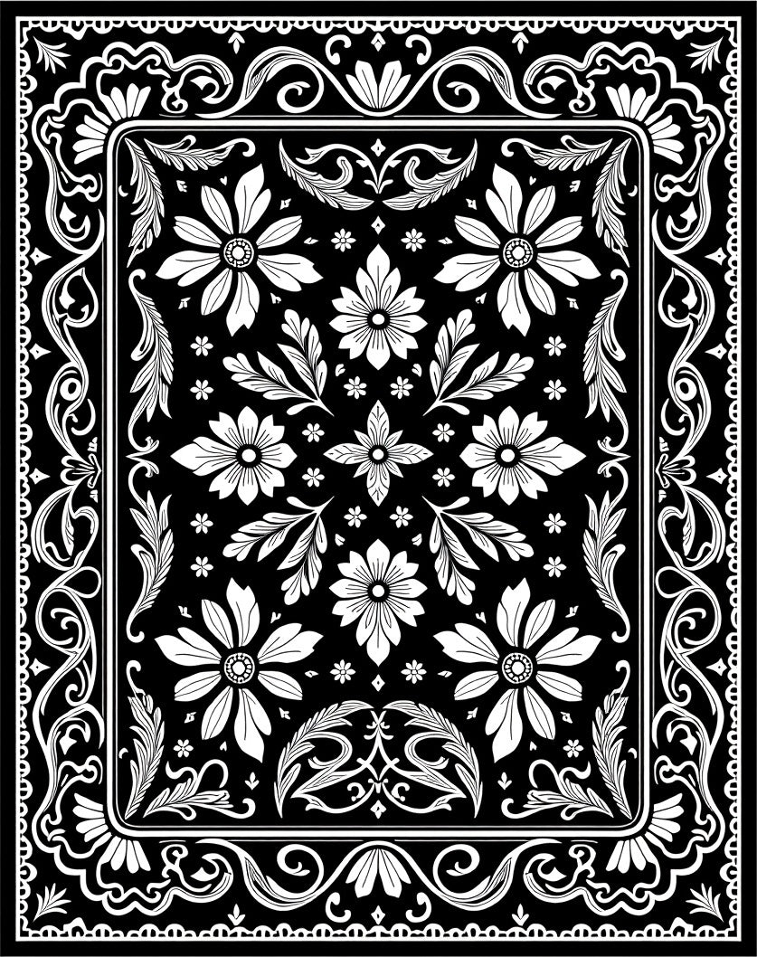 Black White Floral Scroll Medallion Accent Rug