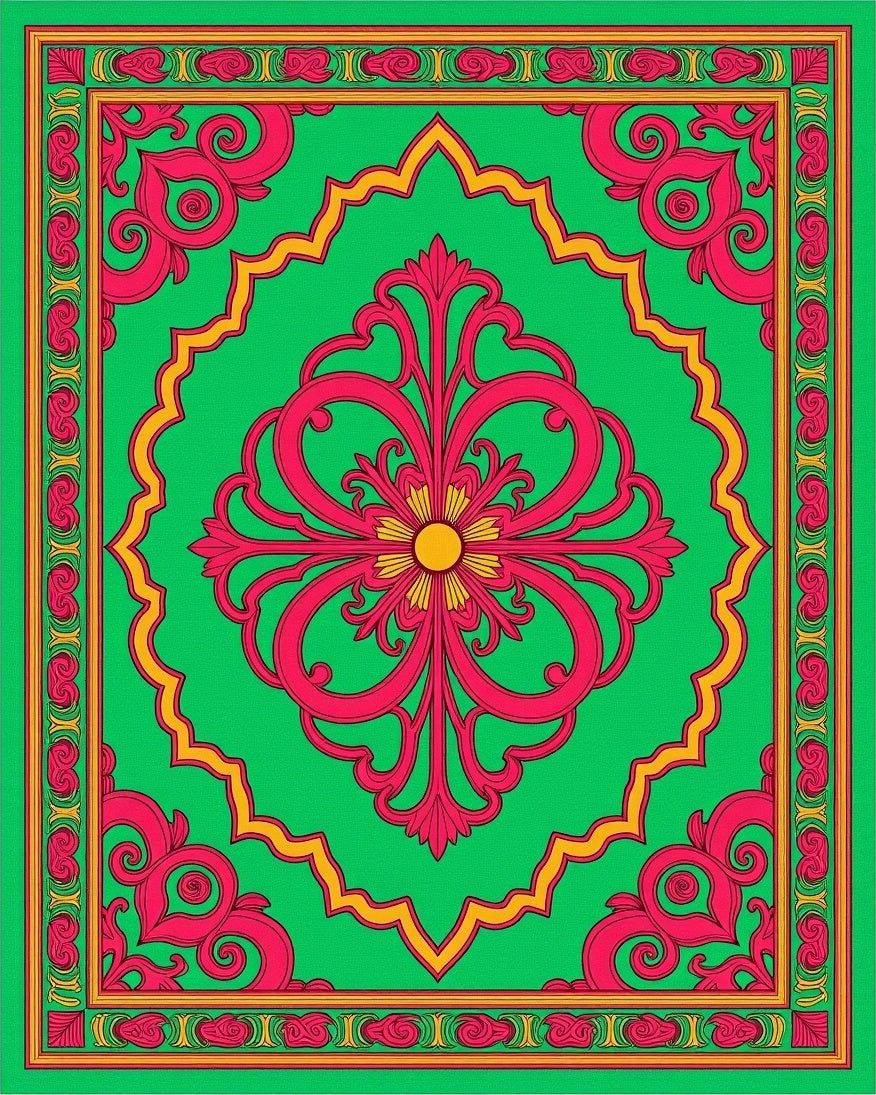 Vibrant Pink Floral Green Medallion Rug