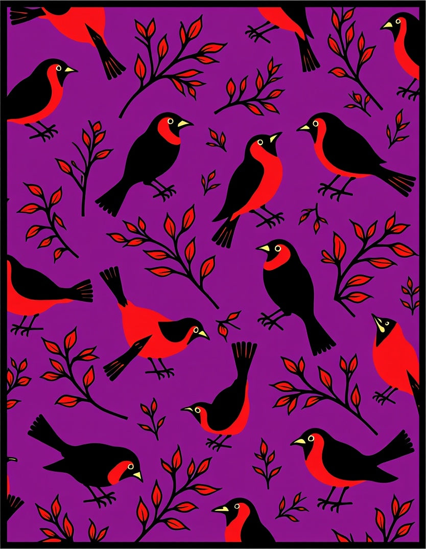 Purple Black Red Bird Foliage Scatter Rug