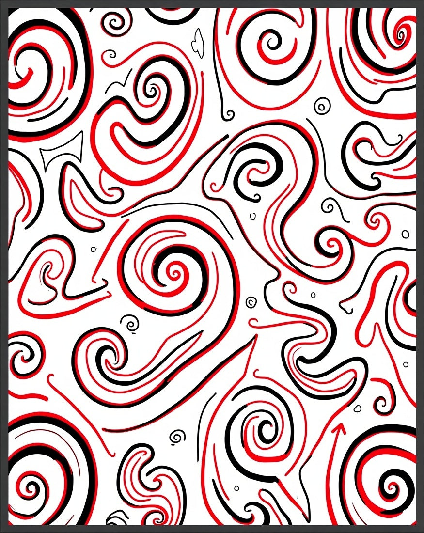 Bold Red Black Swirl Line Art Rug