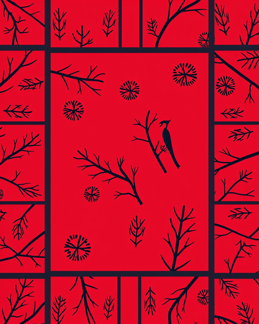 Bold Red Bird Branch Medallion Rug