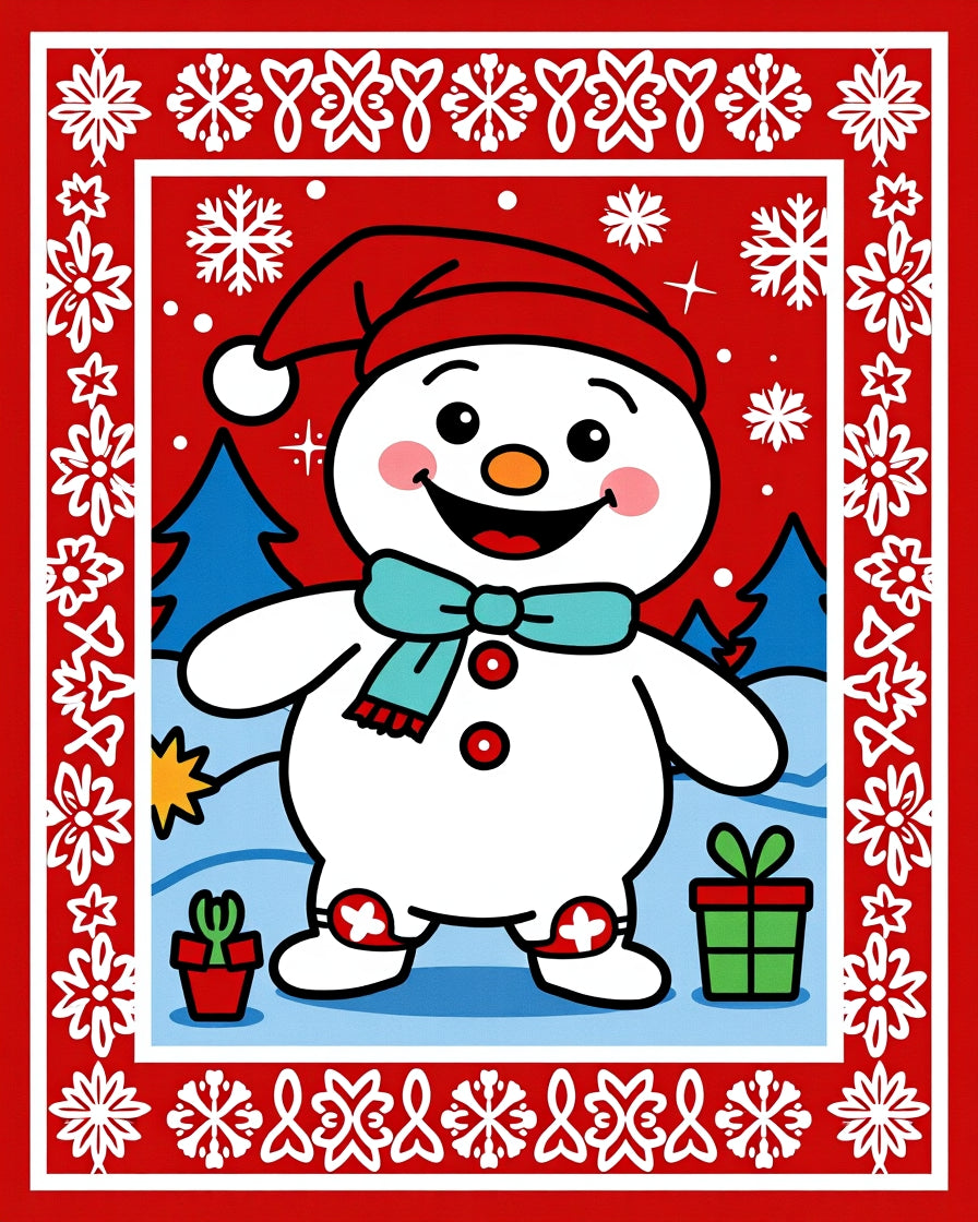 Jolly Snowman With Snowflakes Border Rug