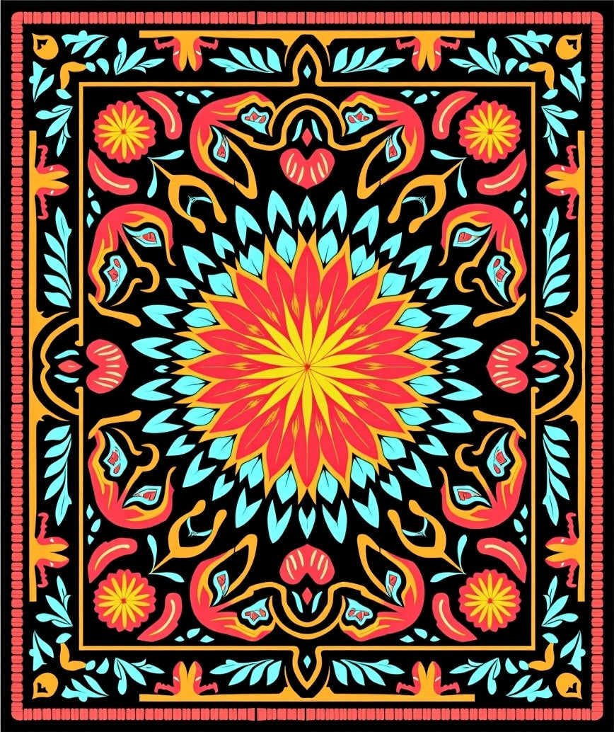 Vibrant Coral Yellow Black Floral Medallion Rug