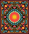 Vibrant Coral Yellow Black Floral Medallion Rug