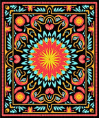 Vibrant Coral Yellow Black Floral Medallion Rug