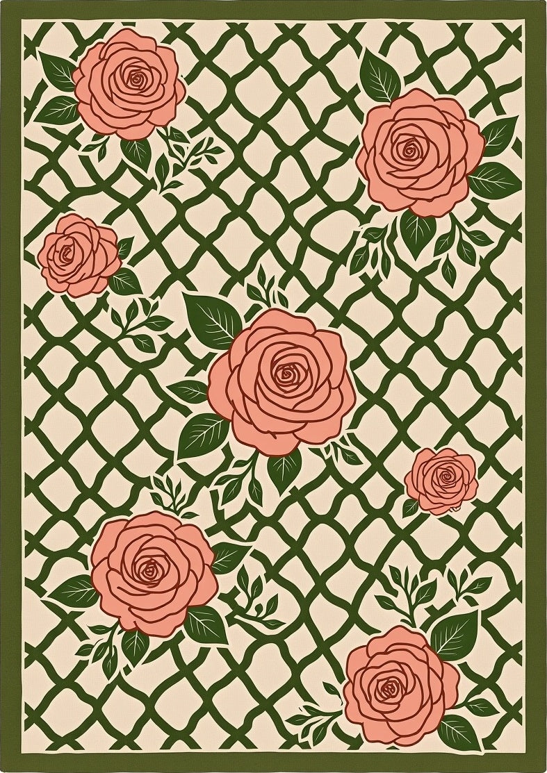 Coral Roses on Green Lattice Ground Rug
