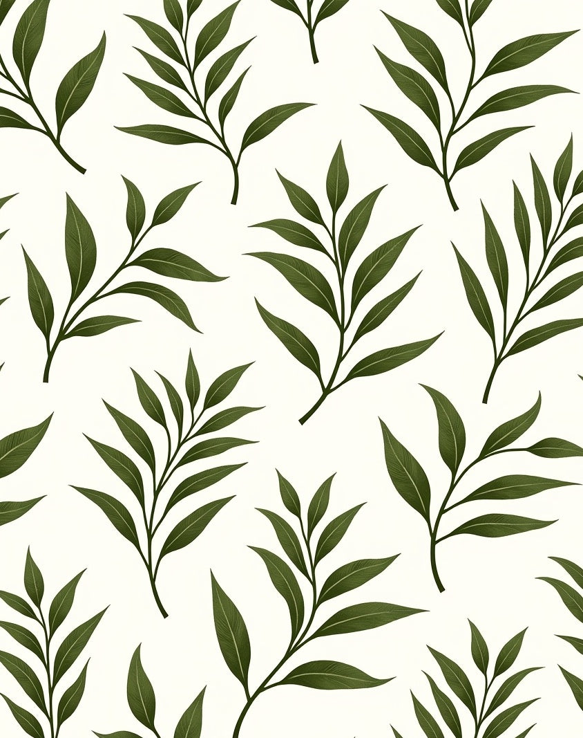 Dark Green Leaf Branches on Cream Rug
